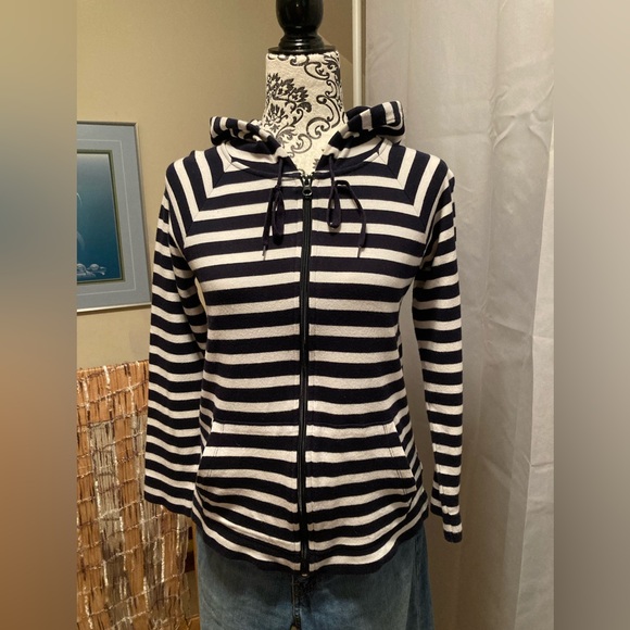 JONES NEW YORK Sport (Small) 100% Cotton Hoodie, Black + Cream Striped - Picture 2 of 12